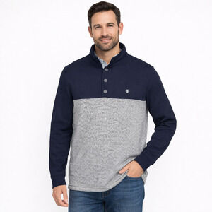 IZOD Mens 1/4 Snap Fleece Pullover Sweatshirt Sz Large Gray Blue Long Sleeve EUC